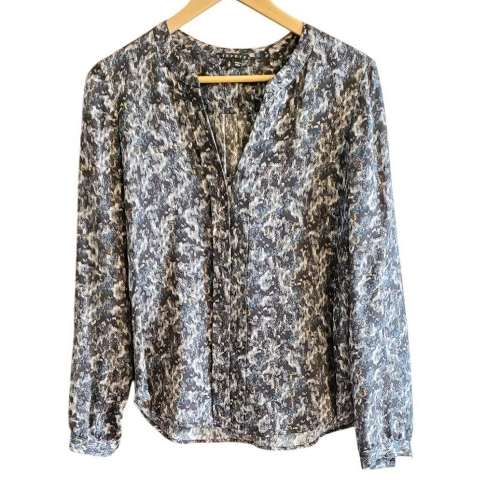 Theory Black Gray Blue Printed Pure Silk Ruisa Caligula Blouse Size S/P EUC